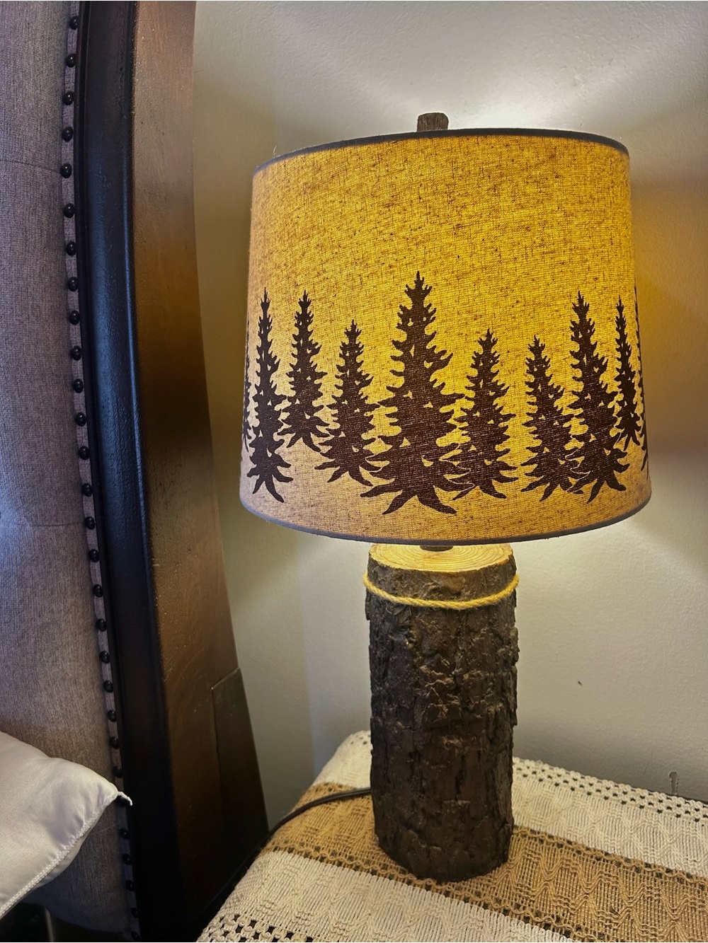 Rustic Pine Tree Burl Wood Table Lamp - Yellow Shade